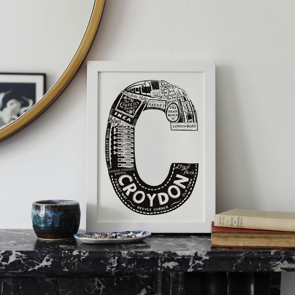 Croydon framed black and white letter C print