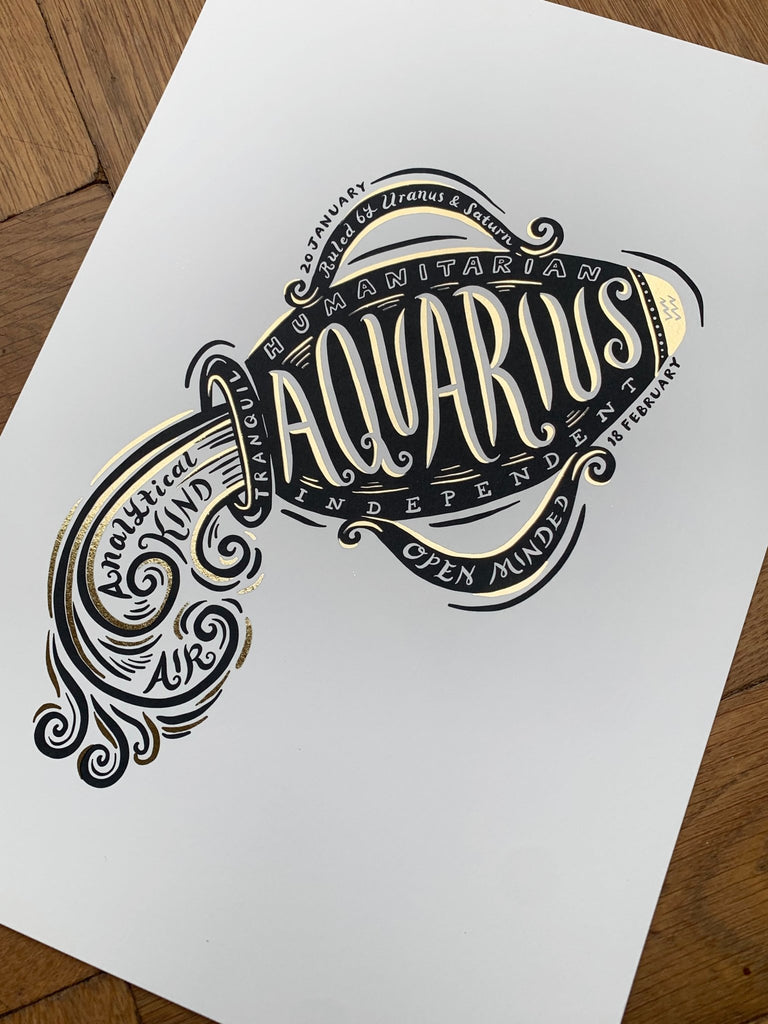 Aquarius Zodiac Gold Foil Print - Lucy Loves This-