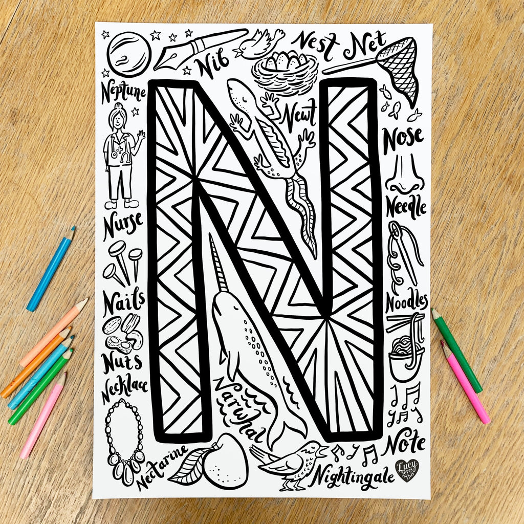 Letter N Colouring Poster - download - Lucy Loves This-